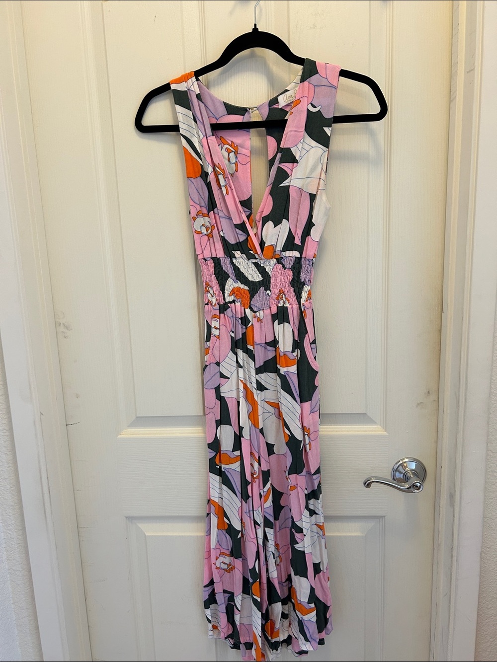 Ava Sky Pink Floral V-Neck Sleeveless Jumpsuit with Orange Accents, Small